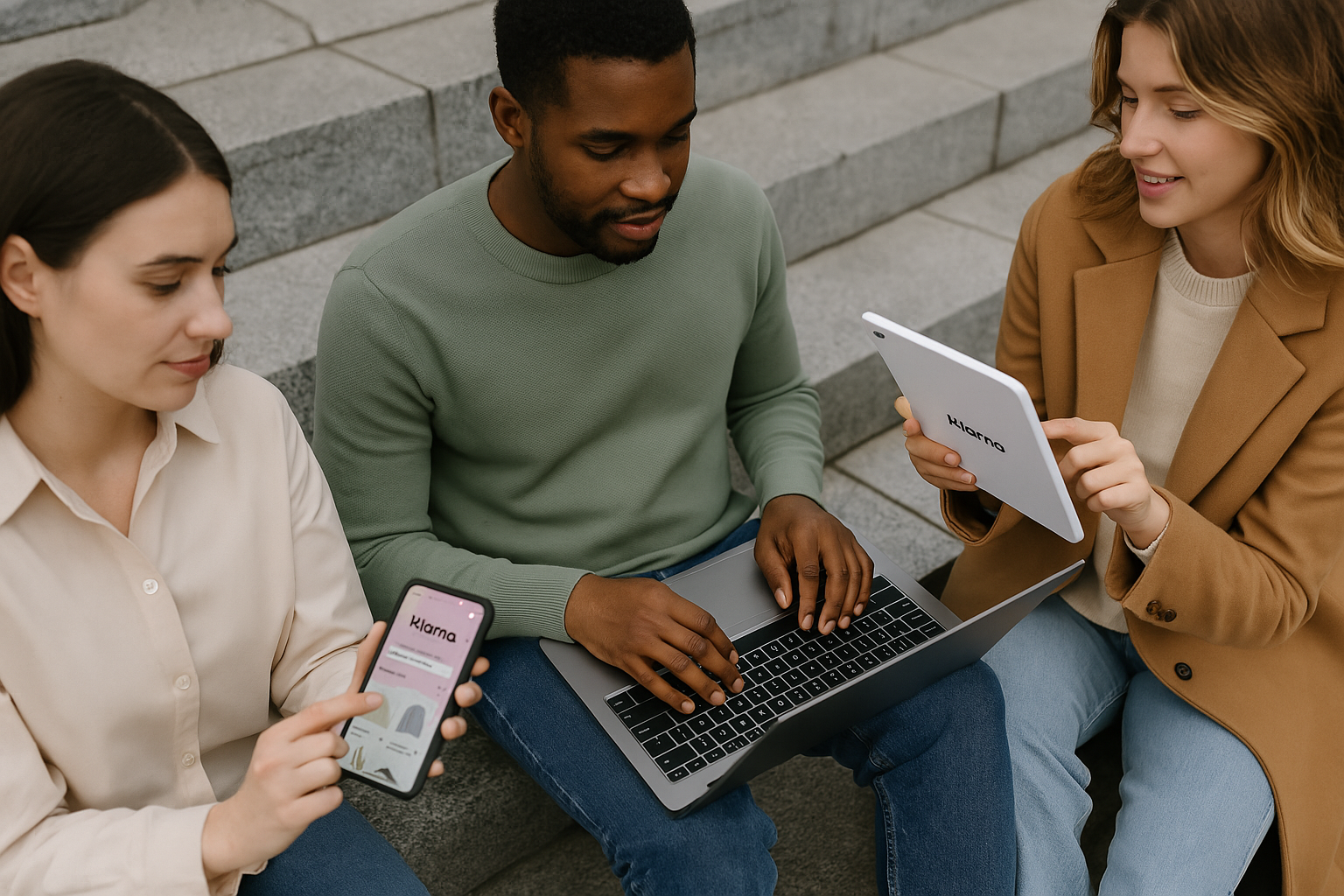 Three individuals using smartphones, tablets, and laptops to access Klarna’s buy-now, pay-later service outdoors.